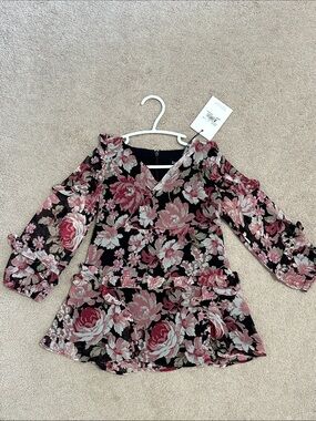 Bardot Junior Black Floral V-Neck Ruffle Long Sleeve Dress